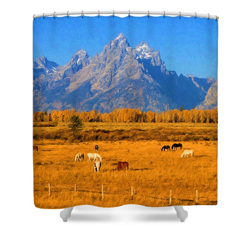 Tetons Shower Curtain featuring the photograph Tetons and Horses by Greg Norrell