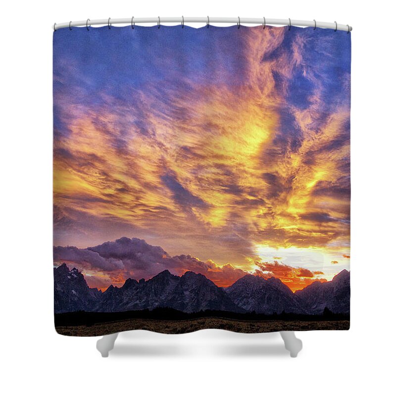 Tetons Sunset Shower Curtain featuring the photograph Tetons Sunset by Carolyn Derstine
