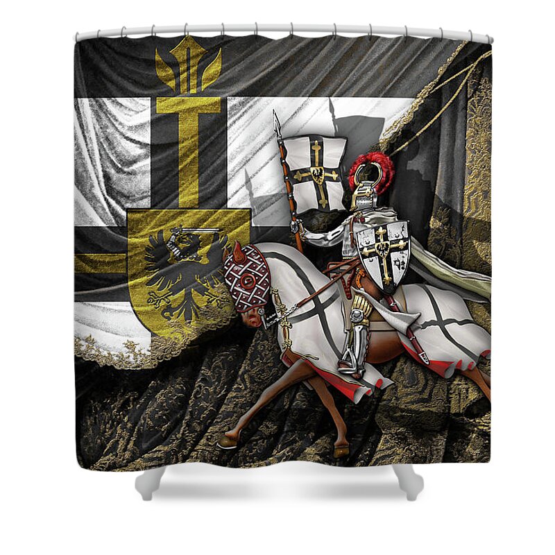 'ancient Brotherhoods' Collection By Serge Averbukh Shower Curtain featuring the digital art Teutonic Knight Rider on Horseback in front of the Teutonic Flag. by Serge Averbukh