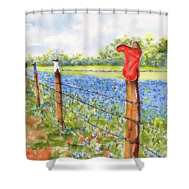 Texas Shower Curtain featuring the painting Texas Bluebonnets Boot Fence by Carlin Blahnik CarlinArtWatercolor