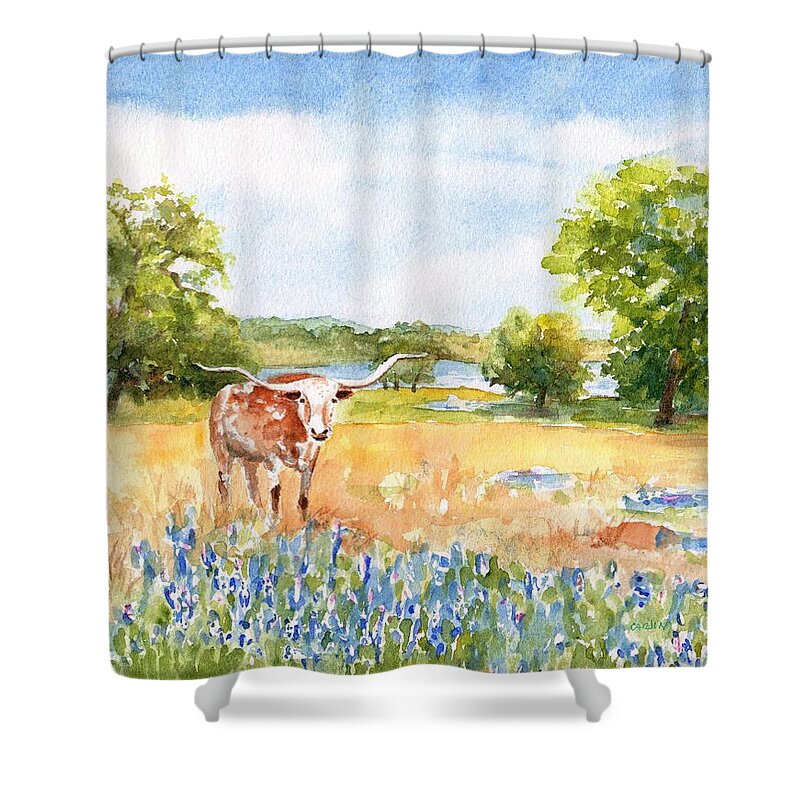 Longhorn Shower Curtain featuring the painting Texas Longhorn and Bluebonnets by Carlin Blahnik CarlinArtWatercolor