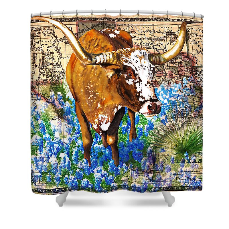 Texas Shower Curtain featuring the painting Texas Longhorn in Bluebonnets by Daniel Adams