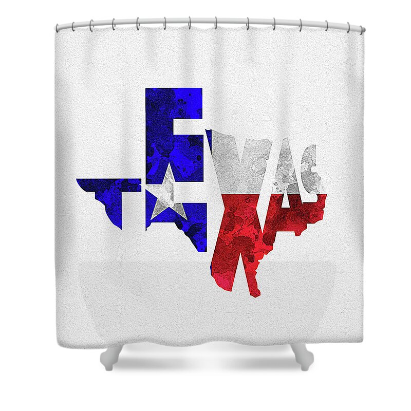 Texas Shower Curtain featuring the digital art Texas Typographic Map Flag by Inspirowl Design