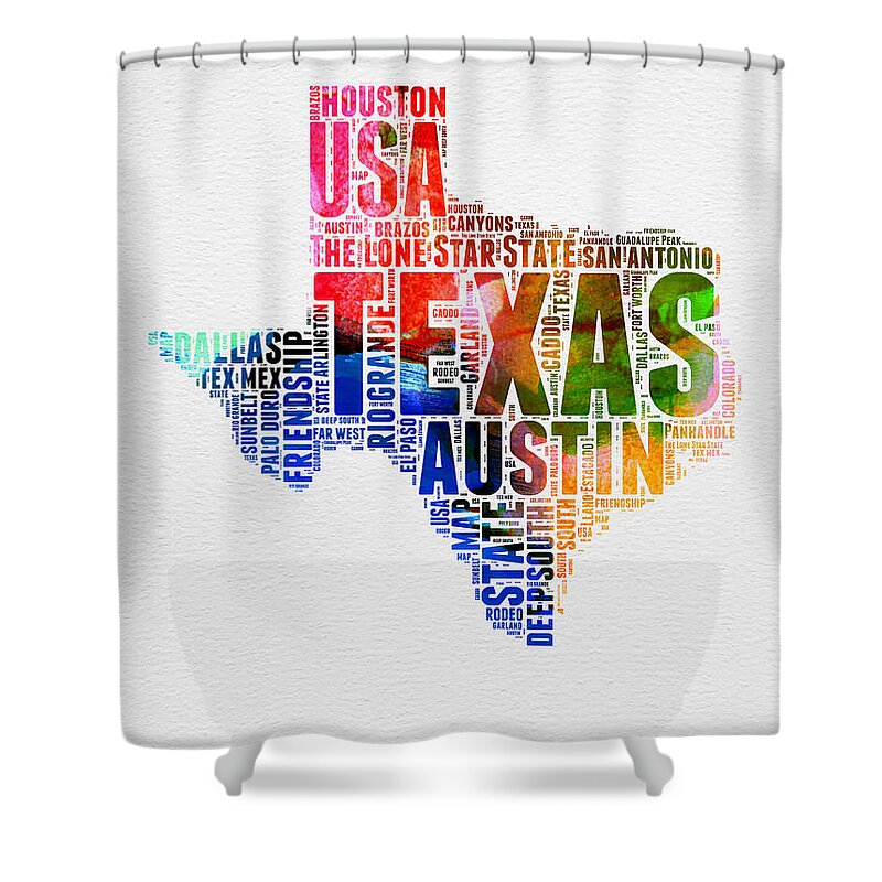 Texas Shower Curtain featuring the digital art Texas Watercolor Word Cloud by Naxart Studio