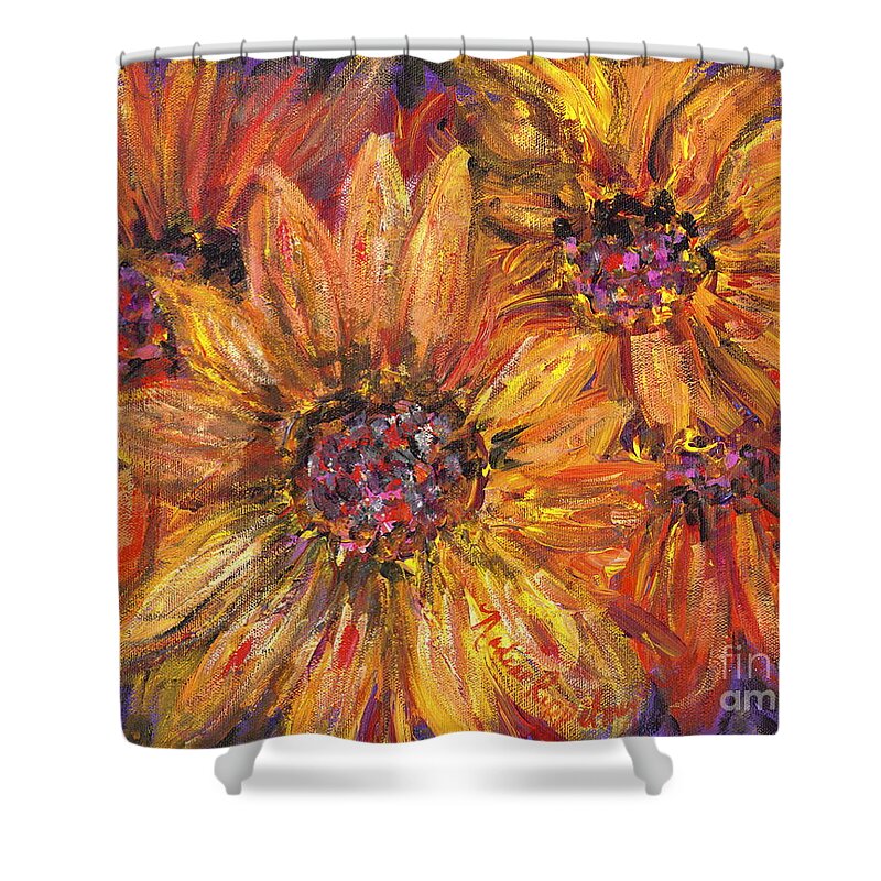 Yellow Shower Curtain featuring the painting Textured Gold and Red Sunflowers by Nadine Rippelmeyer