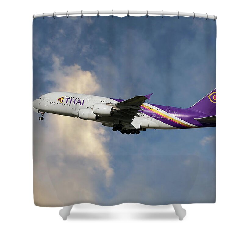 Thai Airways Shower Curtain featuring the photograph Thai Airways Airbus A380-841 by Smart Aviation