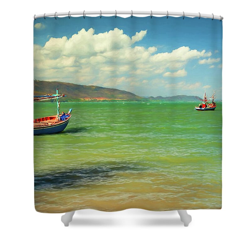 Fishing Boats Shower Curtain featuring the photograph Thai Fishing Boats by Adrian Evans