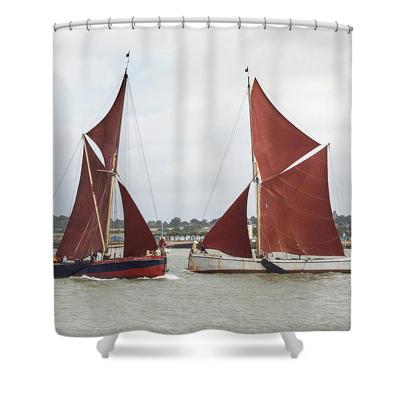  Thames Sailing Barges Shower Curtain featuring the photograph Thames sailing barges Repertor and Reminder by Gary Eason