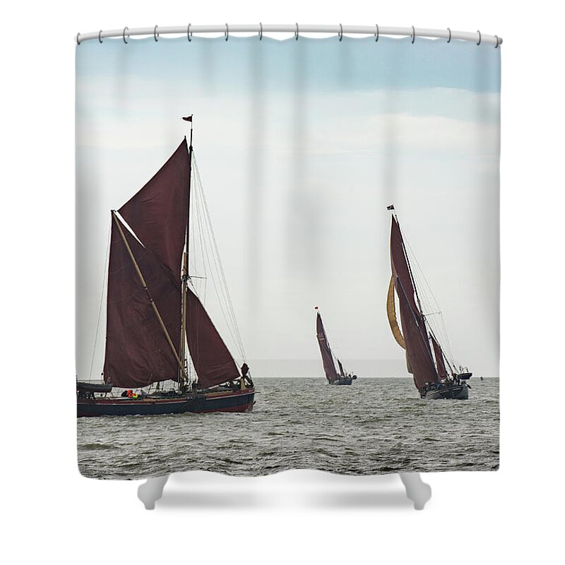 Thames Sailing Barges Shower Curtain featuring the photograph Thames sailing barges tacking by Gary Eason