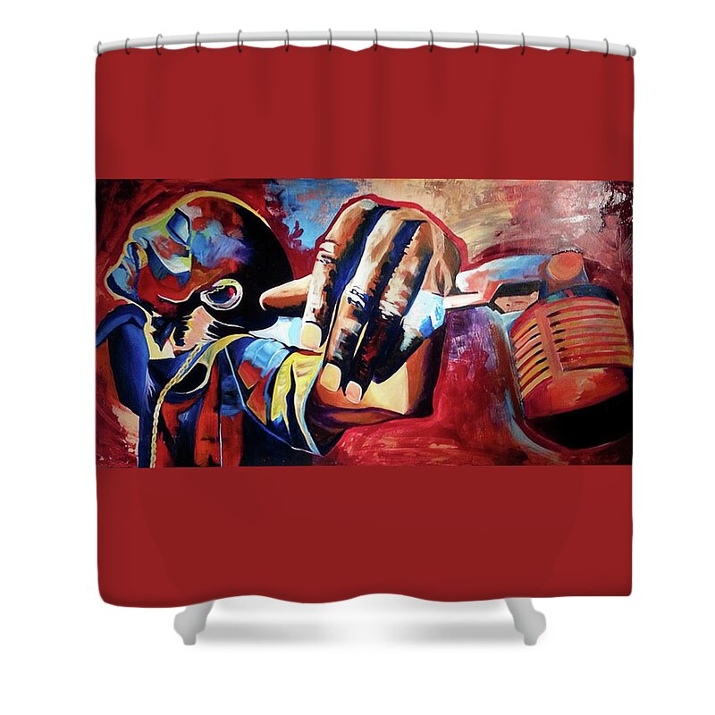 Rakim Shower Curtain featuring the painting the 18th Letter by Femme Blaicasso