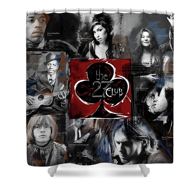The 27 Club Shower Curtain featuring the mixed media The 27 Club by Russell Pierce