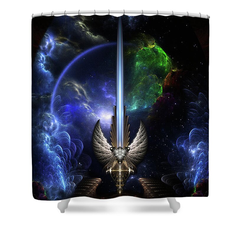 Angel Wing Sword Of Arkledious Shower Curtain featuring the digital art The Angel Wing Sword Of Arkledious Space Fractal Art Composition by Rolando Burbon