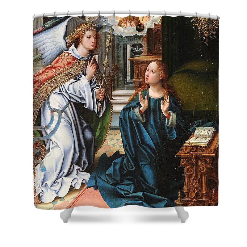 Pieter Coecke Van Aelst Shower Curtain featuring the painting The Annunciation by Pieter Coecke van Aelst