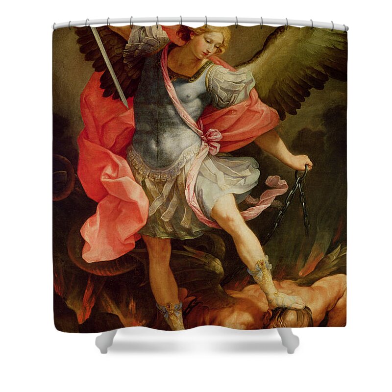 The Shower Curtain featuring the painting The Archangel Michael defeating Satan by Guido Reni