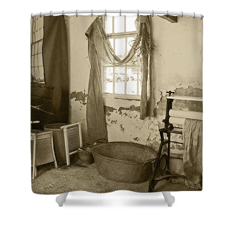 Welfare Shower Curtain featuring the photograph The Art of Welfare. Wash-house. by Elena Perelman