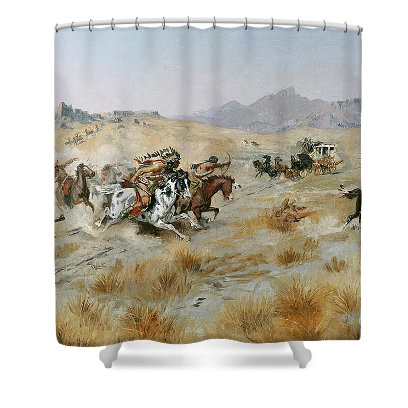 Bows Shower Curtain featuring the painting The Attack by Charles Marion Russell