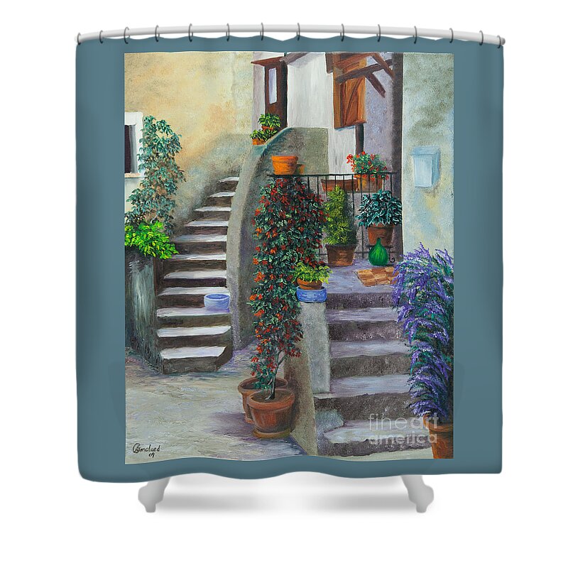 Italy Street Painting Shower Curtain featuring the painting The Back Stairs by Charlotte Blanchard