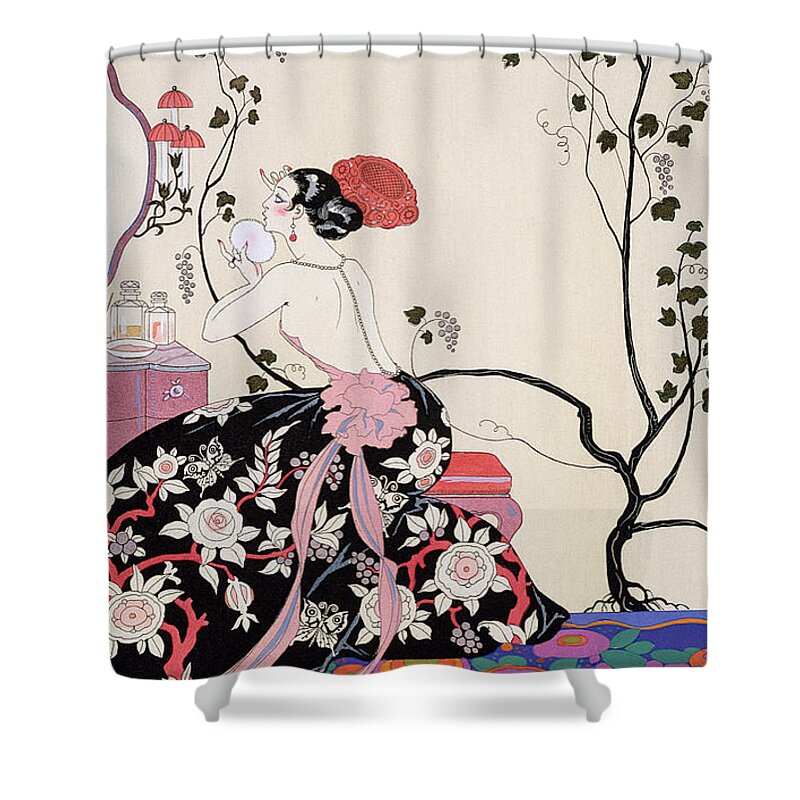 The Backless Dress Shower Curtain featuring the drawing The Backless Dress by Georges Barbier