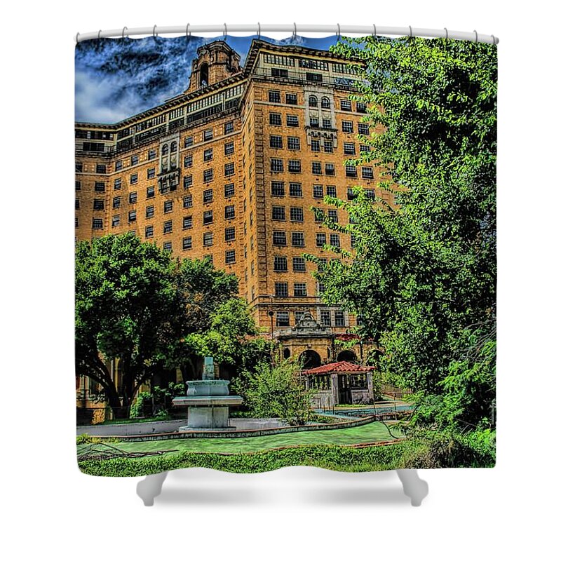 The Baker Hotel Shower Curtain featuring the photograph The Baker Hotel by Diana Mary Sharpton