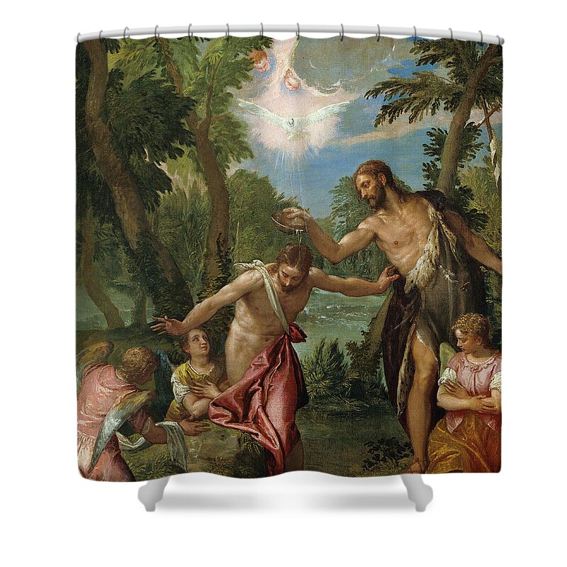 Paolo Veronese And Workshop Shower Curtain featuring the painting The Baptism of Christ by Paolo Veronese and Workshop