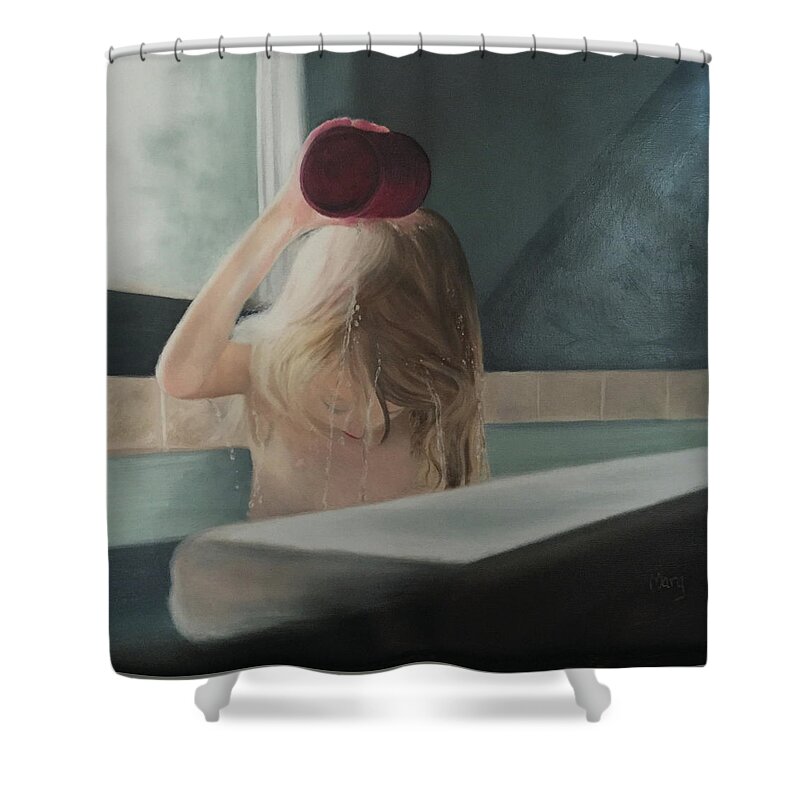 Child; Water; Bathing; Tub; Contemplation; Hair; Pouring Water Shower Curtain featuring the painting The Bath by Marg Wolf