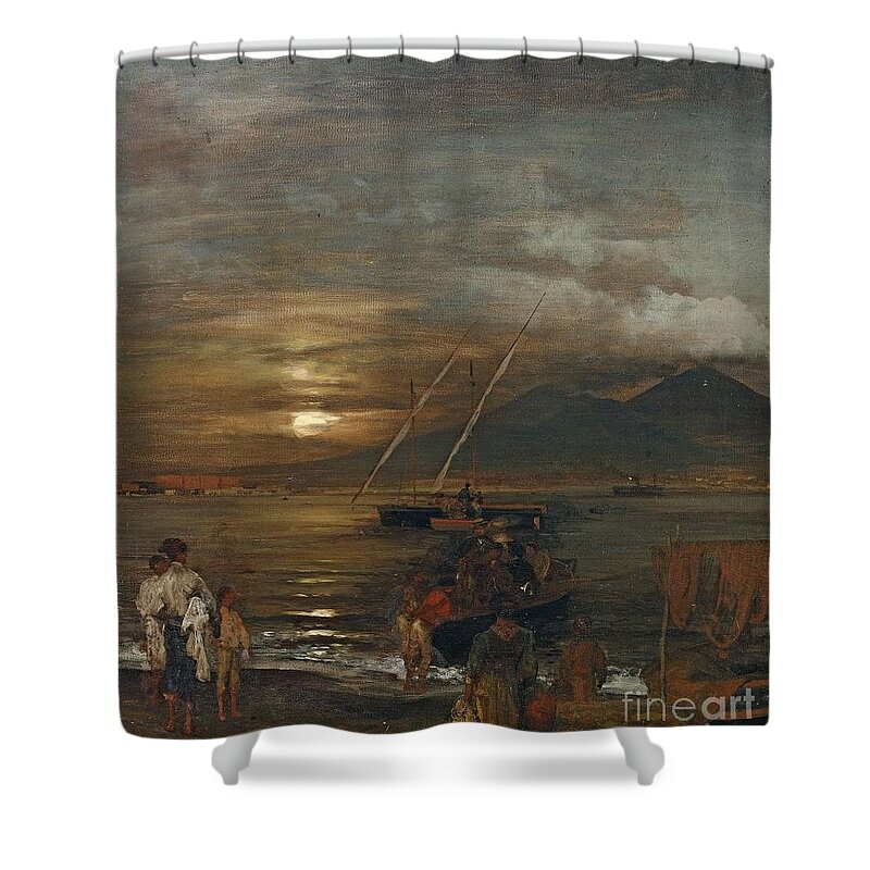 Oswald Achenbach Shower Curtain featuring the painting The Bay Of Naples In The Moonlight by MotionAge Designs