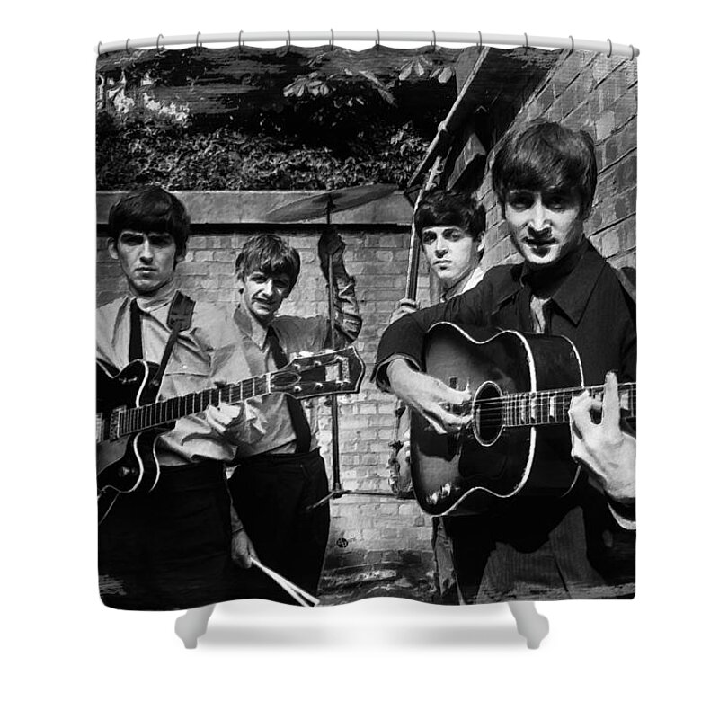The Beatles Shower Curtain featuring the painting The Beatles In London 1963 Black And White Painting by Tony Rubino