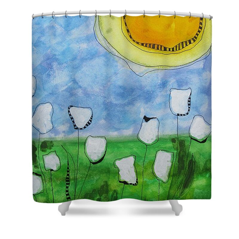 Abstract Shower Curtain featuring the painting The Big Sun by Louise Adams