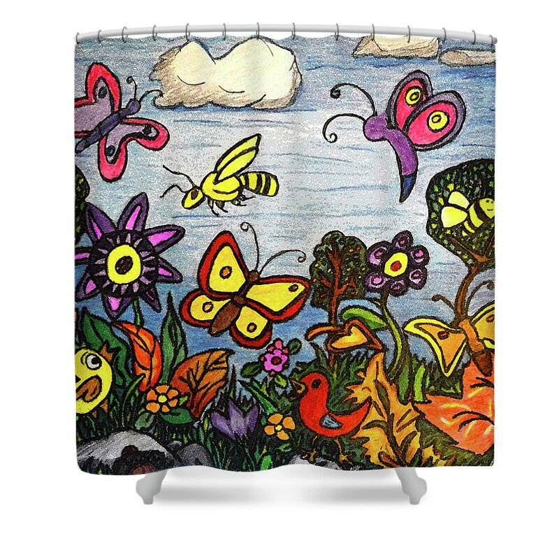 Birds Shower Curtain featuring the painting The Birds, Bees, and Butterflies by Monica Engeler