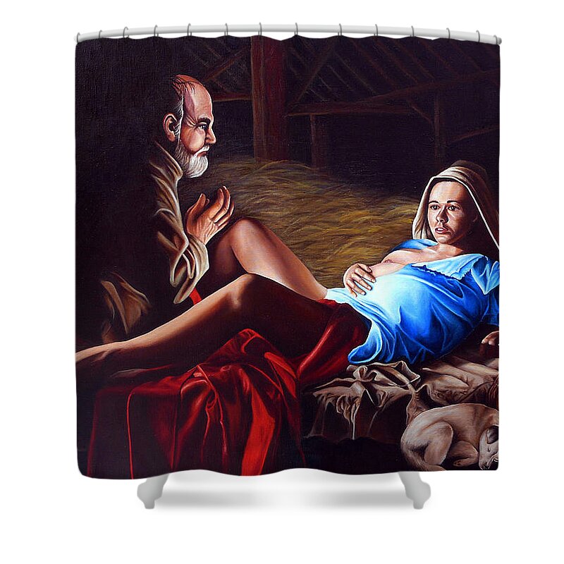 Virgin Mary Shower Curtain featuring the painting The Birth by Vic Ritchey