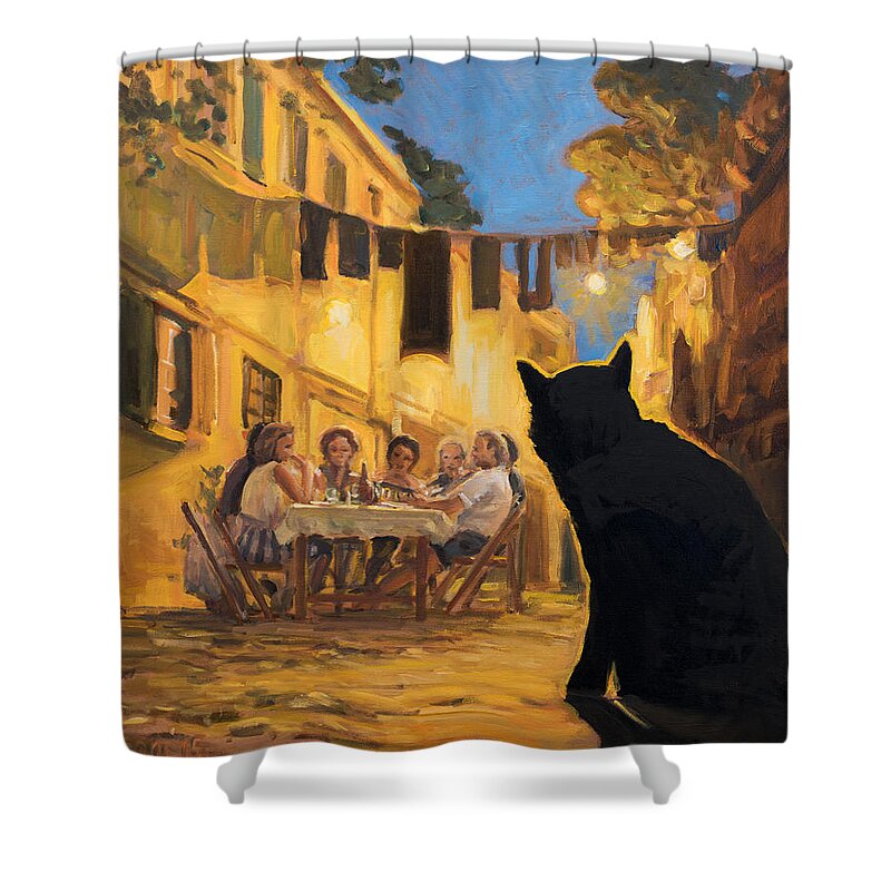 Black Shower Curtain featuring the painting The Black Hunger Waiting For Left-overs by Marco Busoni