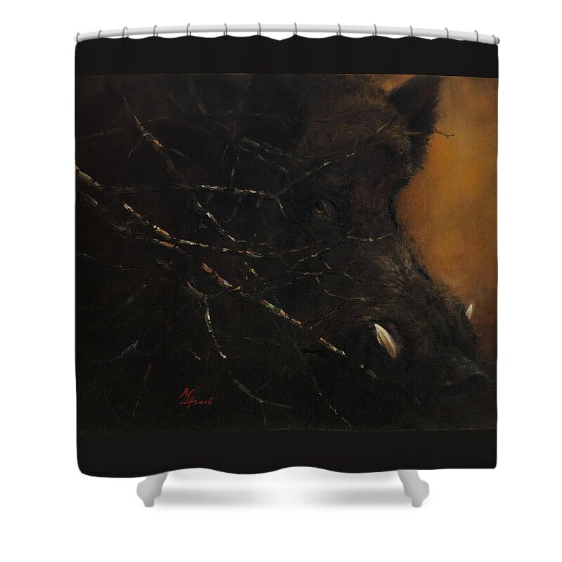 Boar Shower Curtain featuring the painting The Black Wildboar by Attila Meszlenyi