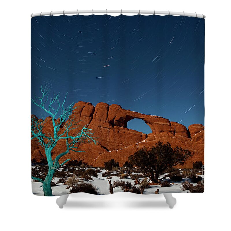 Night Time Photography Shower Curtain featuring the photograph The Blue Tree by Keith Kapple