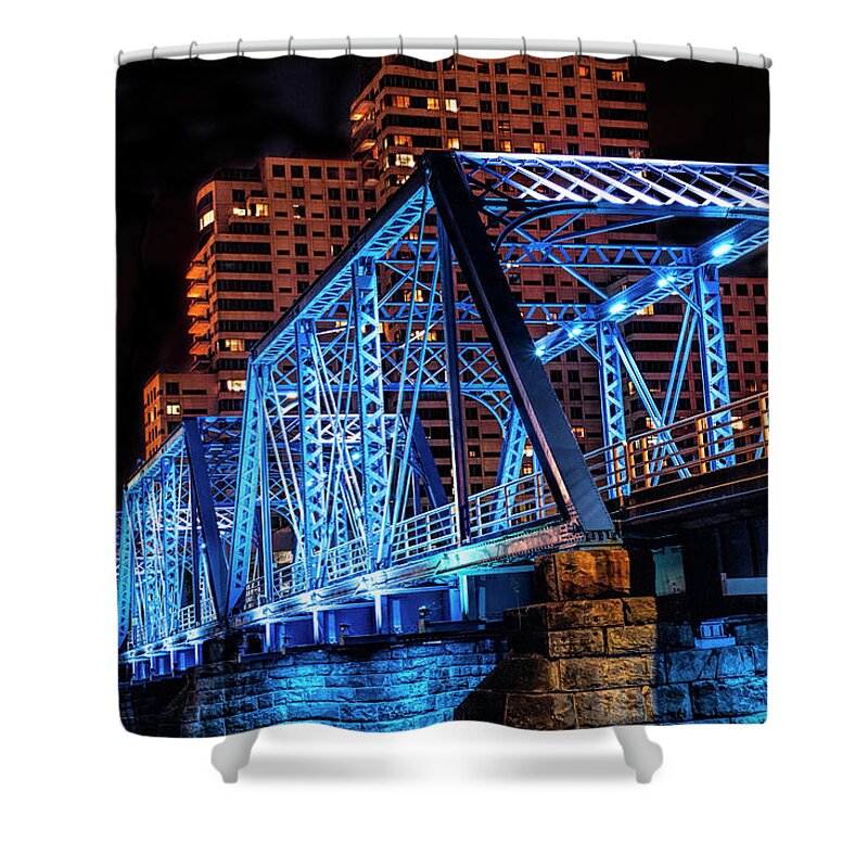 Bridge Shower Curtain featuring the photograph The Blue Walking Bridge from the River Bank Below at Night by Randall Nyhof