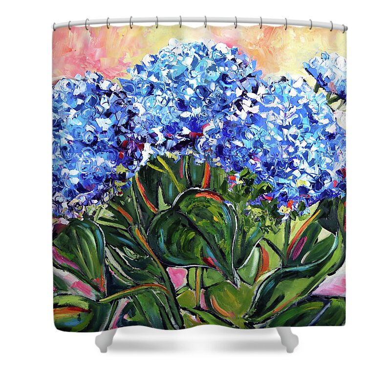 Blue Hydrangea Flowers Shower Curtain featuring the painting The Blues by Laurie Pace