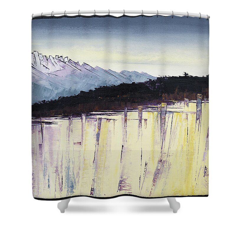 Cliffs Shower Curtain featuring the painting The Bluff and The Mountains by Carolyn Doe