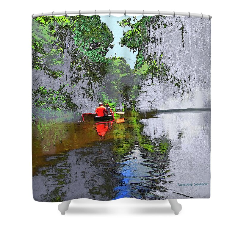 Minimal Shower Curtain featuring the mixed media The Boaters by Lenore Senior