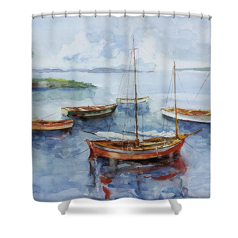Bay Shower Curtain featuring the painting The Boats On A Calm Bay by Faruk Koksal