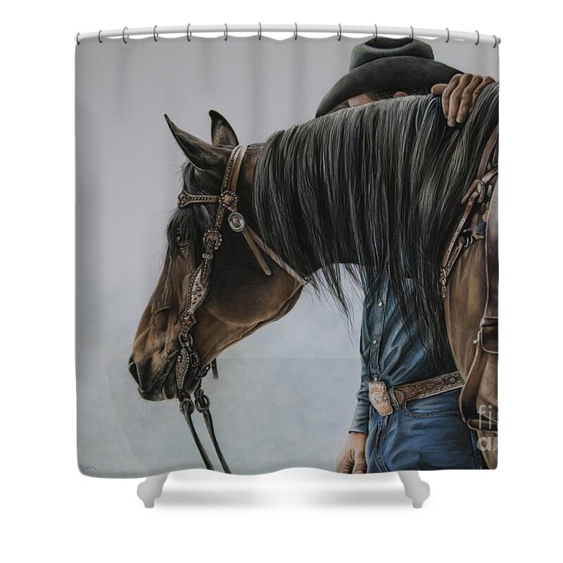 Cowboy Shower Curtain featuring the pastel The Bond by Joni Beinborn
