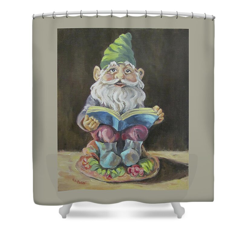 Whimsy Shower Curtain featuring the painting The Book Gnome by Cheryl Pass
