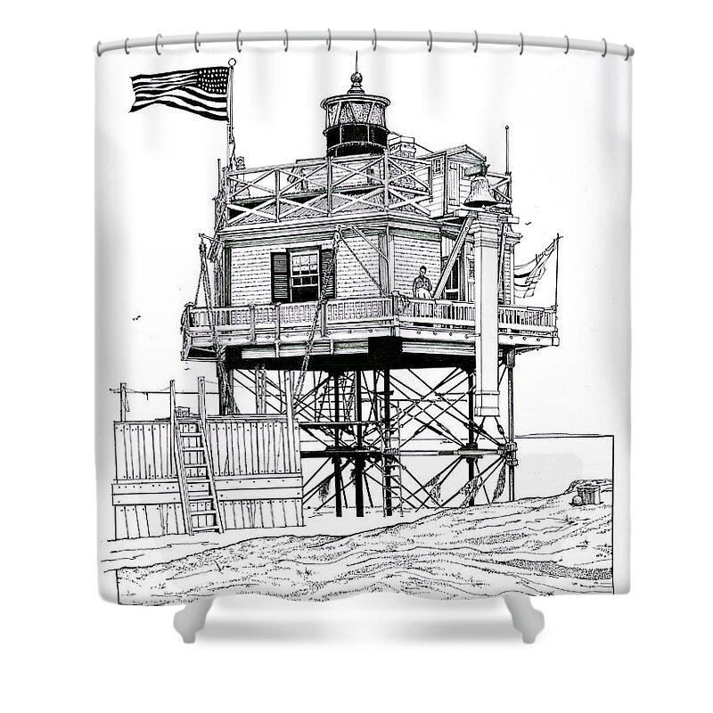 Boston Narrows Light Shower Curtain featuring the drawing The Boston Narrows Lighthouse by Ira Shander