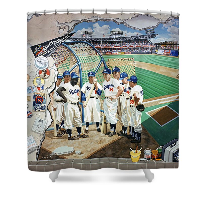Brooklyn Shower Curtain featuring the painting The Brooklyn Dodgers In Ebbets Field by Bonnie Siracusa