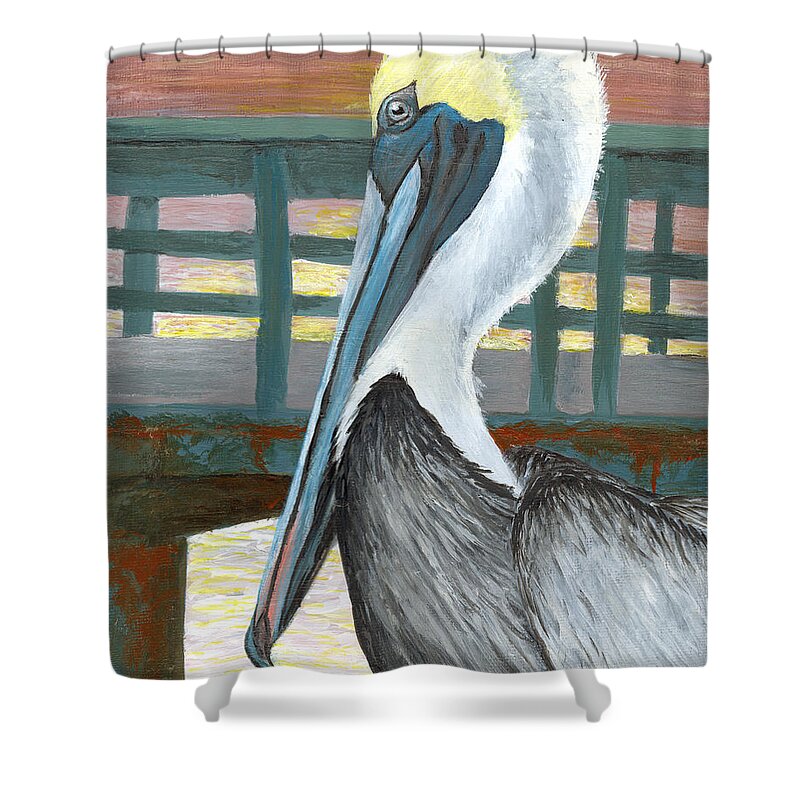 Pelican Shower Curtain featuring the painting The Brown Pelican by Adam Johnson