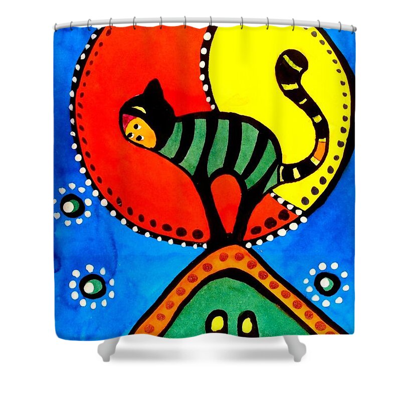 For Kids Shower Curtain featuring the painting The Cat and the Moon - Cat Art by Dora Hathazi Mendes by Dora Hathazi Mendes