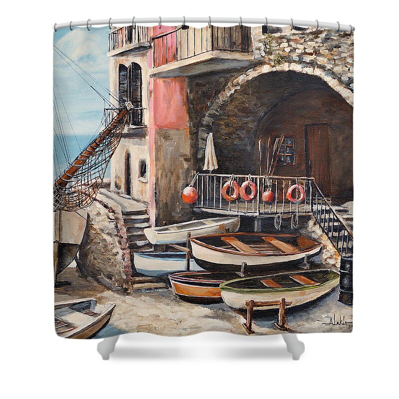 Boats Shower Curtain featuring the painting The Chandler by Alan Lakin