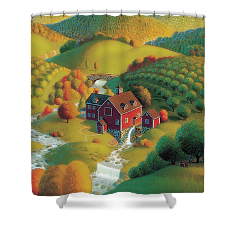 Fall Panorama Autumn Landscape Cider Mill Rural Scenes Apple Orchards Wysocki Like Orchards Prints Babbling Brooks Rolling Hills Fall Paintings Fall Scene Seasonal Paintings Seasonal Prints Fall Paintings Fall Prints Regionalism Grant Wood Folk Painting Folk Realism Painting Americana Prints Americana Paintings Stone Bridge Country Paintings Country Roads Acrylic Paintings Autumn Paintings Nostalgic Paintings Seasonal Paintings Shower Curtain featuring the painting The Cider Mill by Robin Moline