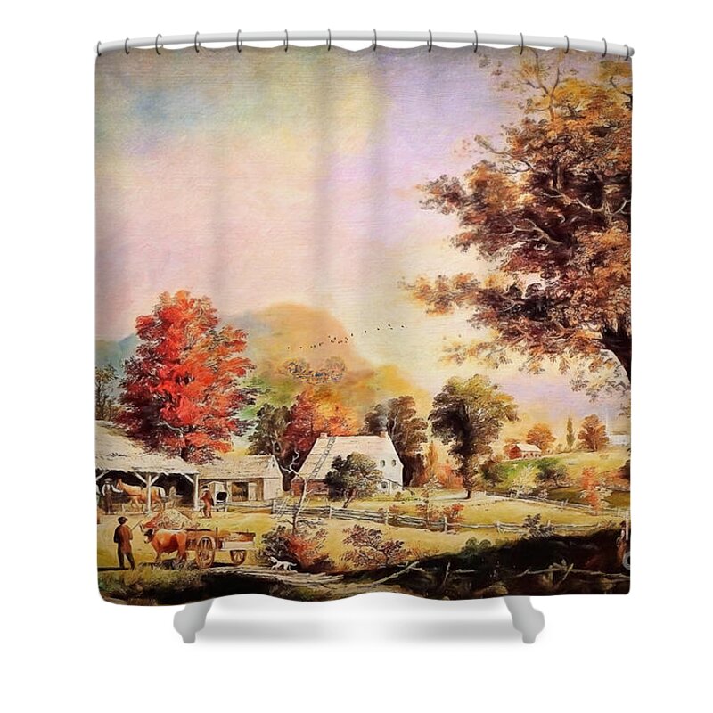 Folk Art Shower Curtain featuring the painting The Cider Press - After Durrie by Lianne Schneider