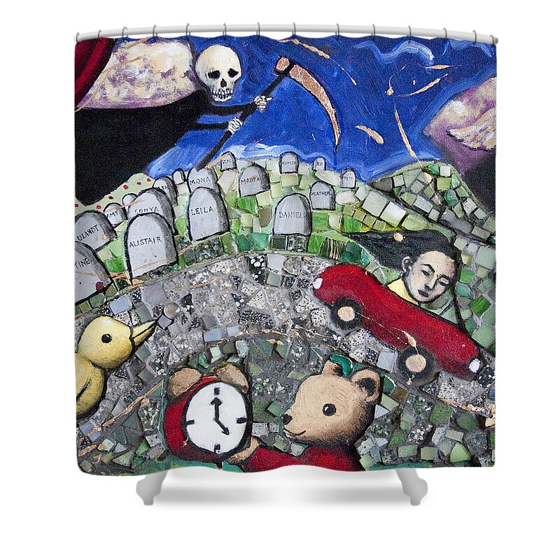Death Shower Curtain featuring the painting The Clock Is Ticking by Pauline Lim