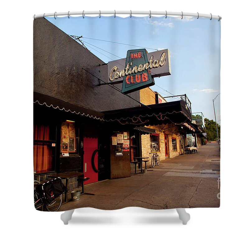 The Continental Club Shower Curtain featuring the photograph The Continental Club is a local favorite front door and sidewalk lo by Dan Herron