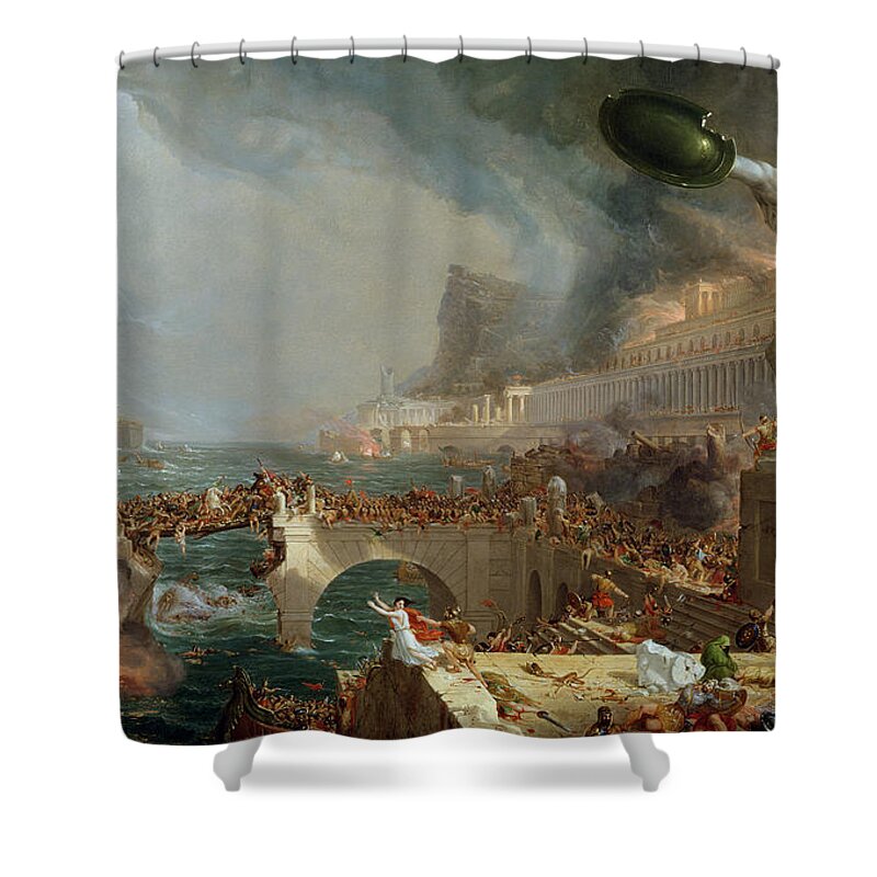Destroy; Attack; Bloodshed; Soldier; Ruin; Ruins; Shield; Monument; Bridge; Classical Architecture; Galleon; Barbarian; Barbarians; Possibly Fall Of Rome; Hudson River School; Statue Shower Curtain featuring the painting The Course of Empire - Destruction by Thomas Cole